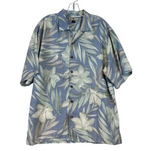 Tommy Bahama Mens Hawaiian Blue Silk Tropical Floral Palm Leaf Camp Shirt L Luau